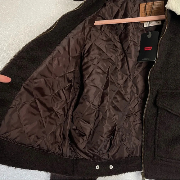 NWT Levis Cropped Wool Blend Trucker Jacket Chocolate Brown and Cream Size Large - Picture 15 of 15